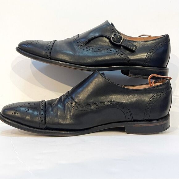 Banana Republic Mens 10.5 Black Leather Cap Toe Strap Oxford Business Dress Shoe - Picture 2 of 10